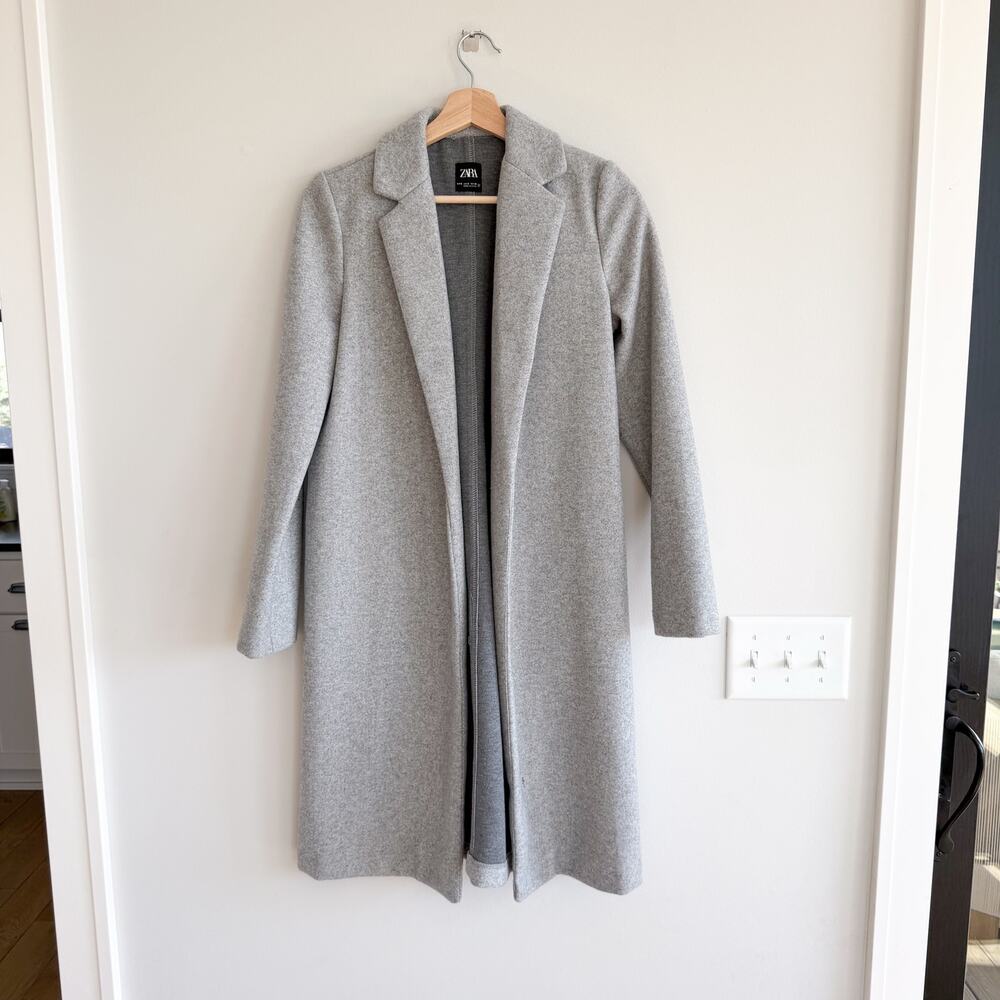 Zara Mid Length Lapel Open Front Tailored Basic Coat Gray Marl S